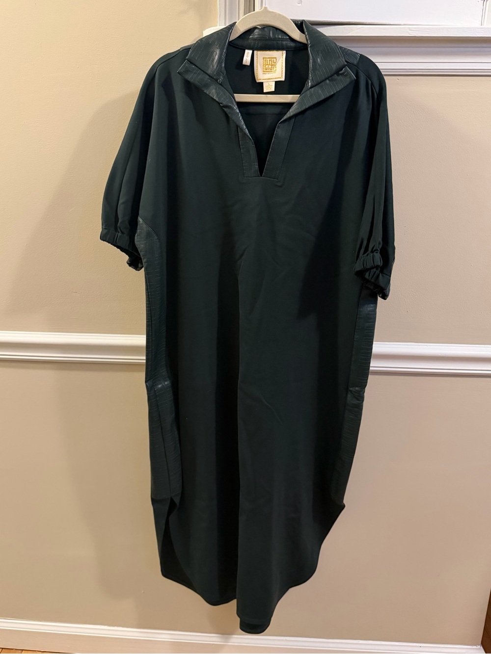 Emily McCarthy Dark Green Leather Quilted Collared Tunic Maxi Dress